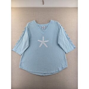 Sea Breeze of California Shirt Womens Small Light Blue Gauze Surf Beach Starfish